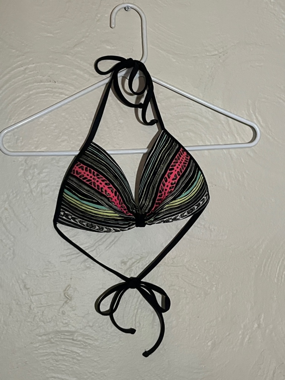 Ron Jon Surf Shop Triangle Bikini Top in White with Black Trim and Teal Accent